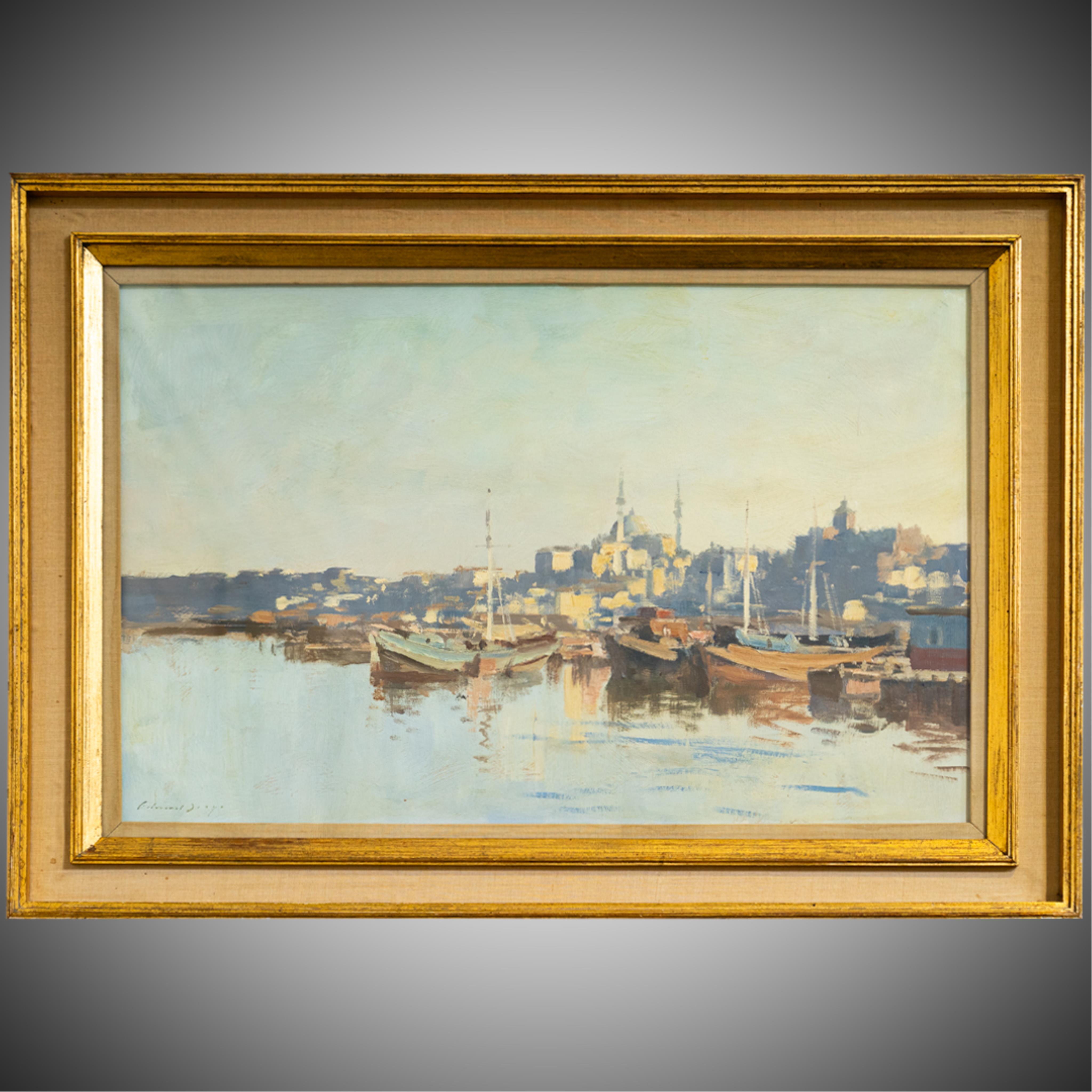 Edward Brian Seago RWS RBA (British, 1910-1974), 'A boatyard on the Golden Horn', oil on board, 50 x 75cm
